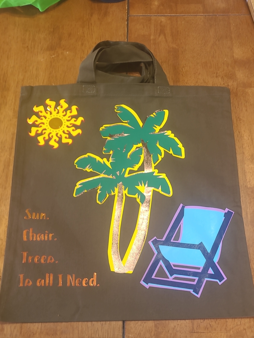 Canvas Tote Bag with Palm Tree & Beach Chair Design - Brownish